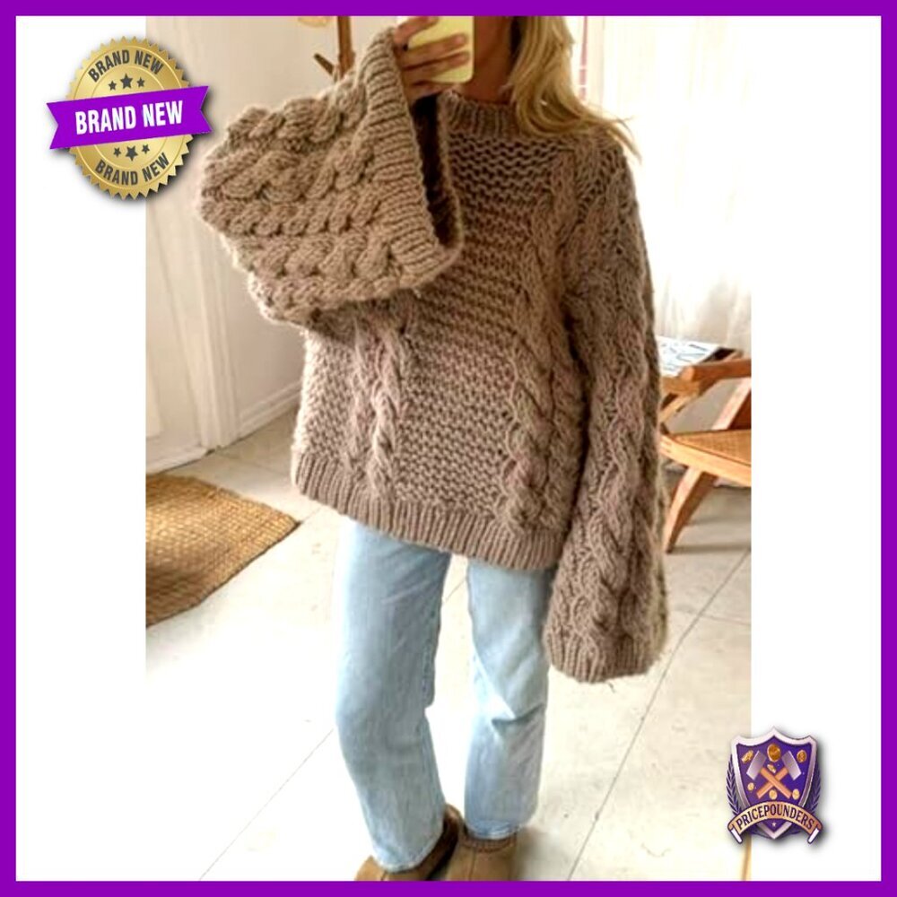 Oversized Chunky Cable Knit Sweater Loose Crewneck Pullover Y2K - Picture 6 of 7